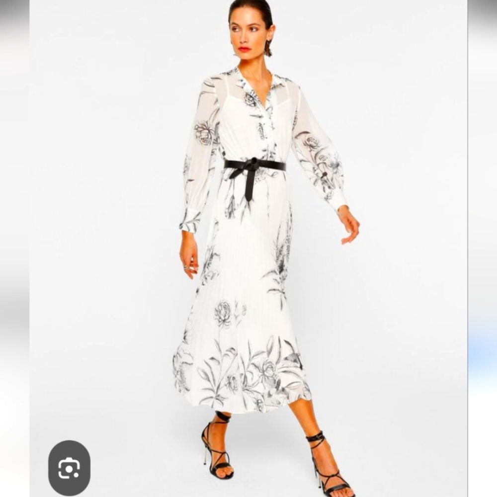 Club Monaco White And  Black Floral Dress. Pleated Details & Lined NWOT, Size 10